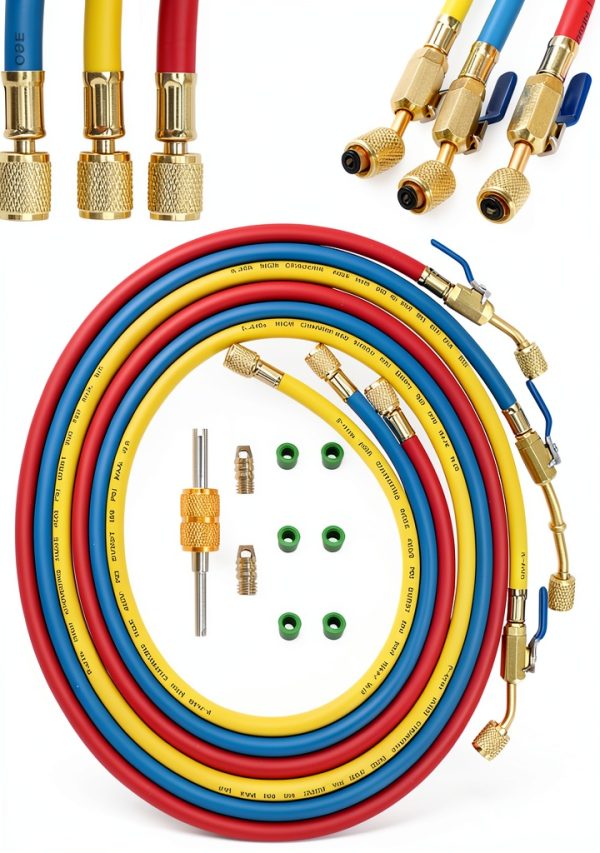 Foinwer 29986 1/4" Refrigerant Hose 72in Ball Valve Red Blue Yellow-0