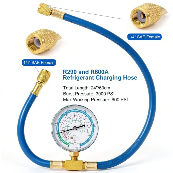 R290 and R600A Charging Hose Kit by Tigbear – 24in Gauge with Tap-3